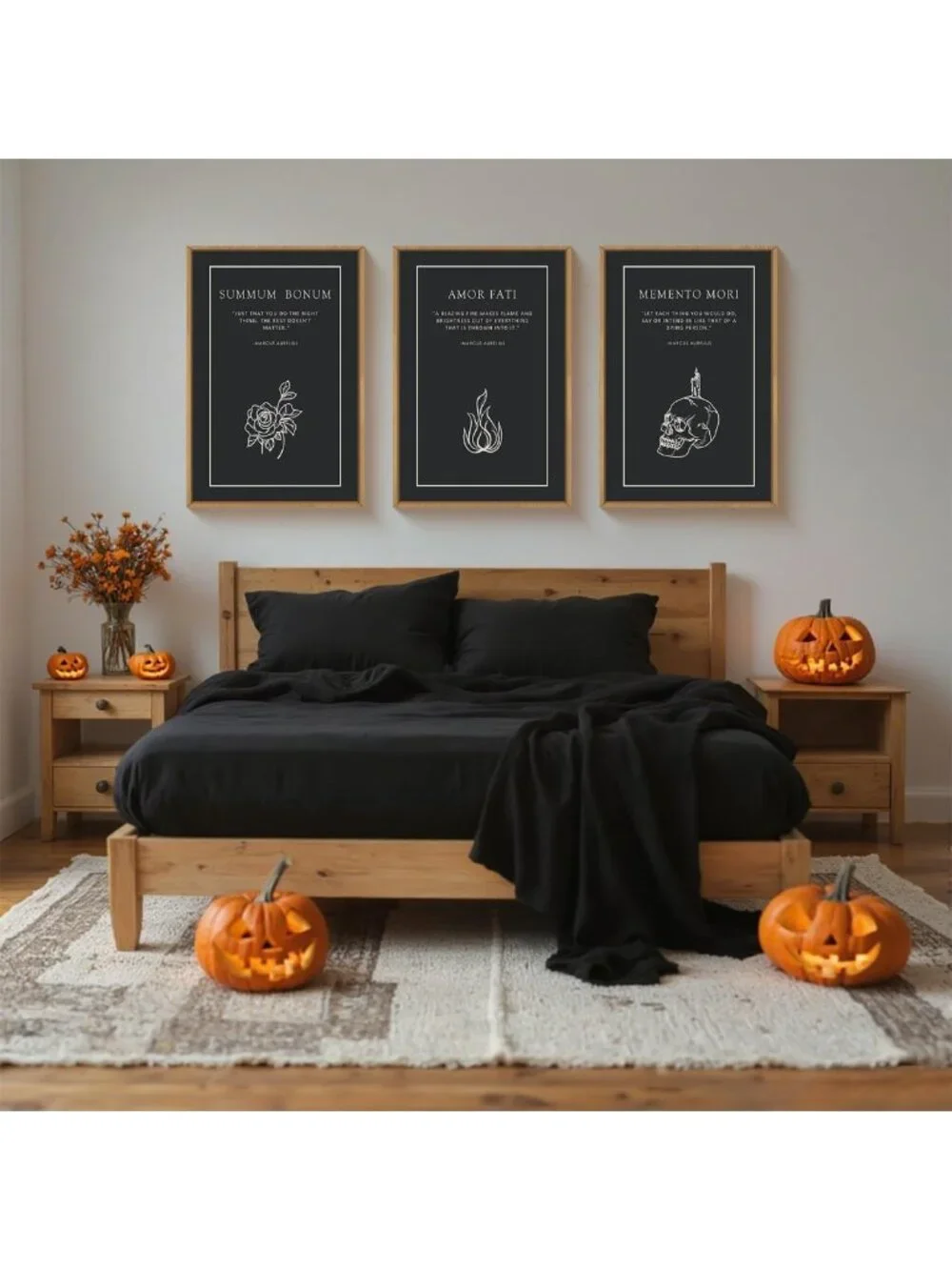Halloween Canvas Wall Art Set of 3 - Black Skeleton & Vintage Flower Decor for